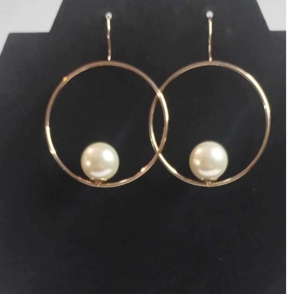 Gold Tone Floating‎ Faux Pearl Circle Hoop Dangle Earrings Kidney Wire